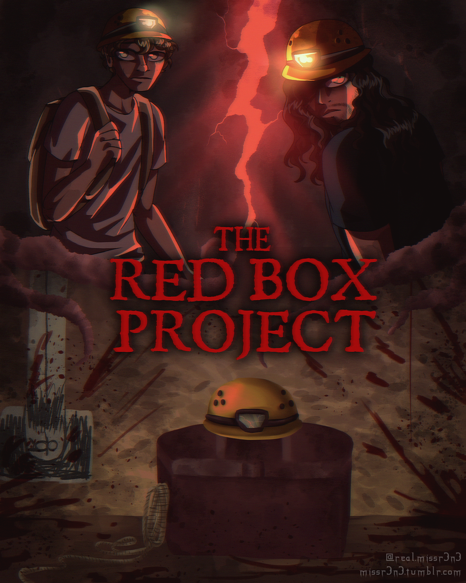 a poster style drawing of ethan and jake from the red box project. below the two brother looking nervous in a cave is the titular red box in the conspiracy room from the trailer